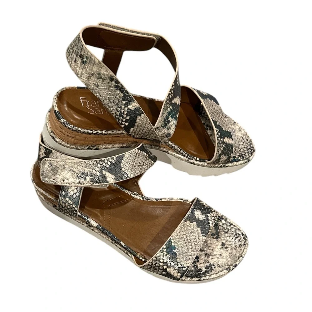 FRANCO SARTO CHIARA Holographic SNAKESKIN PLATFORM GRAY BROWN CORK SANDALS 9
